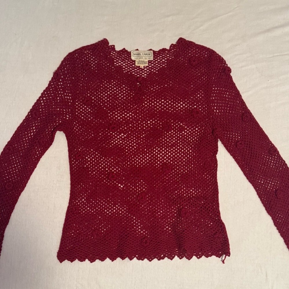 Daniel Caron Burgundy Vintage Wool Crocheted Floral Sweater